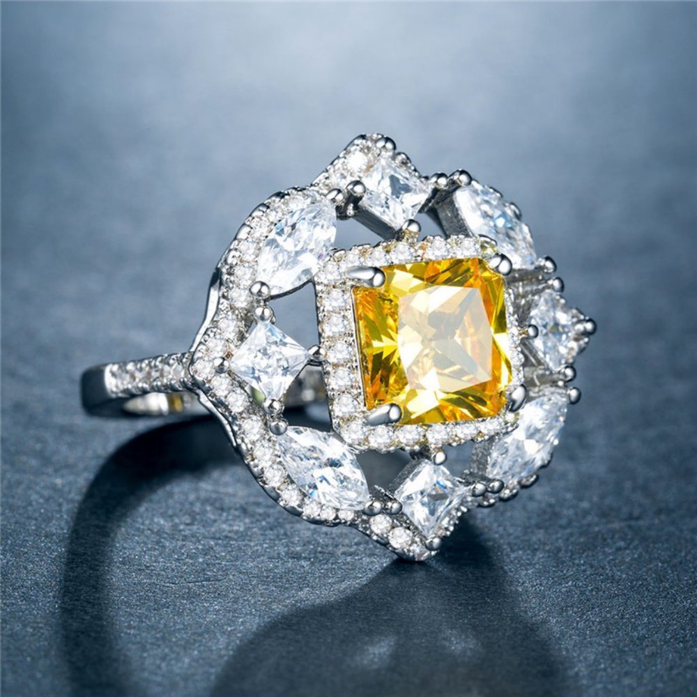 NEW Silver Cushion Citrine Diamond Halo Ring - Picture 4 of 4